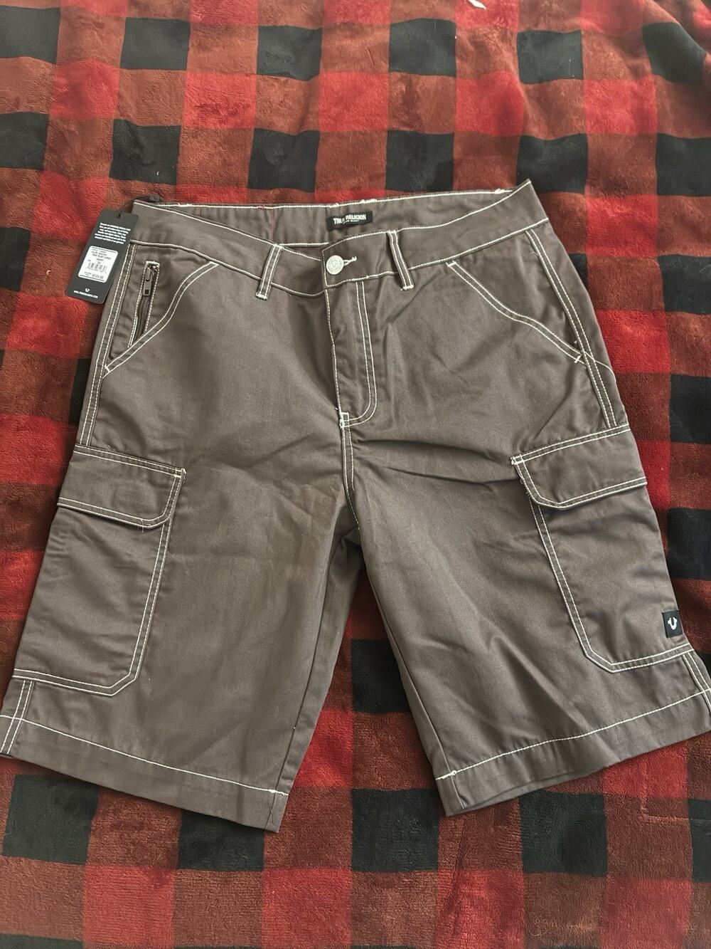 True Religion Mens brown Cargo Shorts white Stitch 34 baggy Y2K back to school